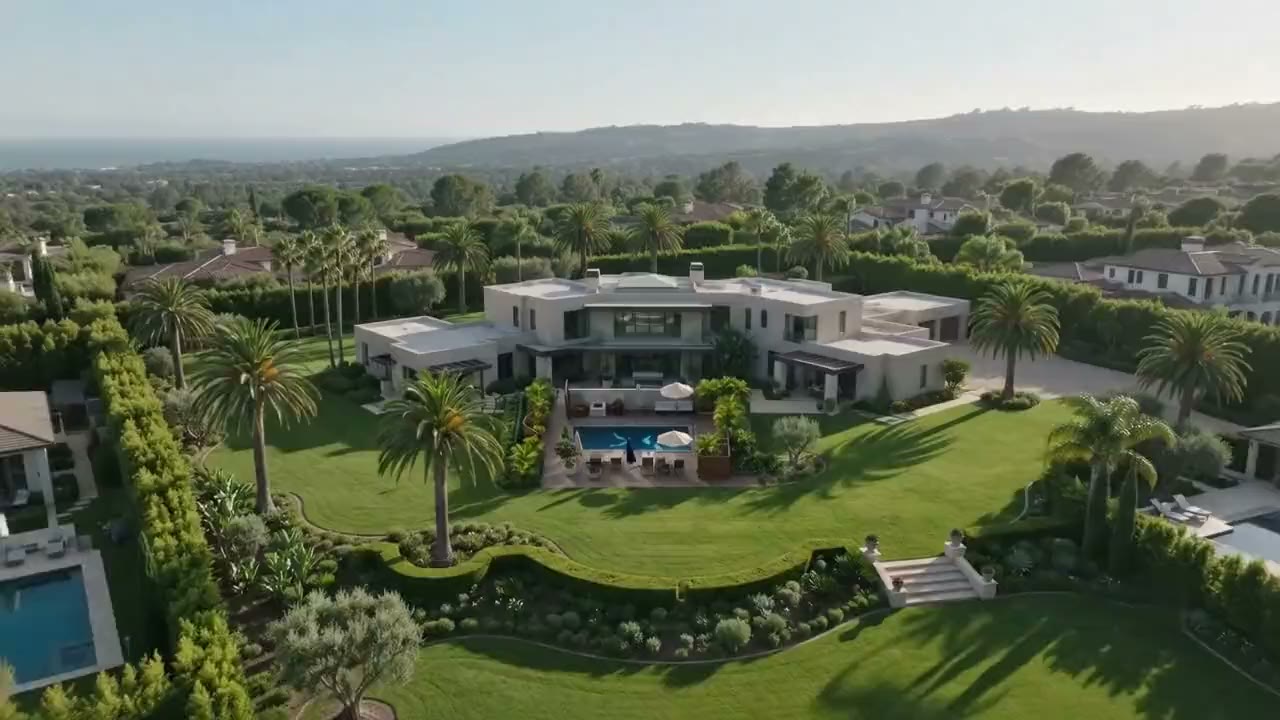 Aerial view of a landscaped estate with a swimming pool at golden hour